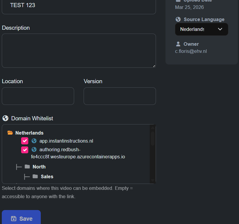 Instant Instructions beheerpagina met domeinrestricties en beveiligde toegang